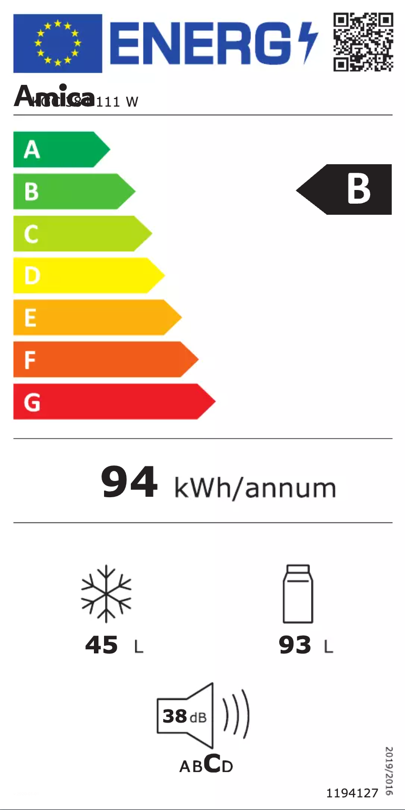 Página 1 del manual Etiqueta energética Amica KGC 384 111 W