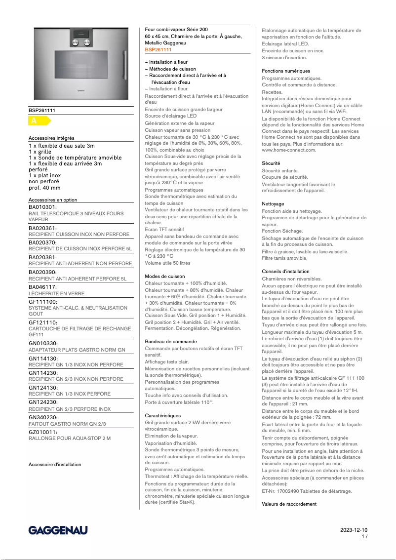 Page 1 de la notice Fiche technique Gaggenau BSP261111