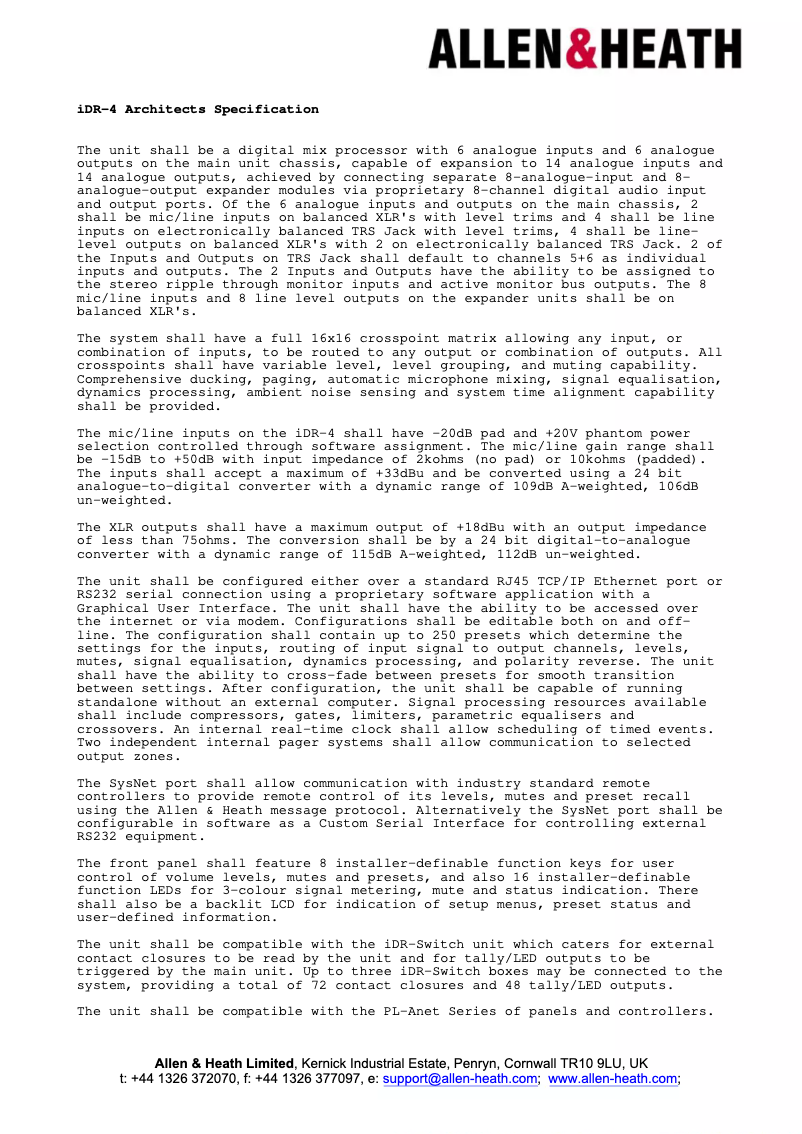 Page 1 de la notice Fiche technique Allen & Heath iDR-4