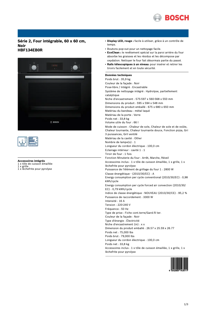 Page 1 de la notice Fiche technique Bosch HBF134EB0R