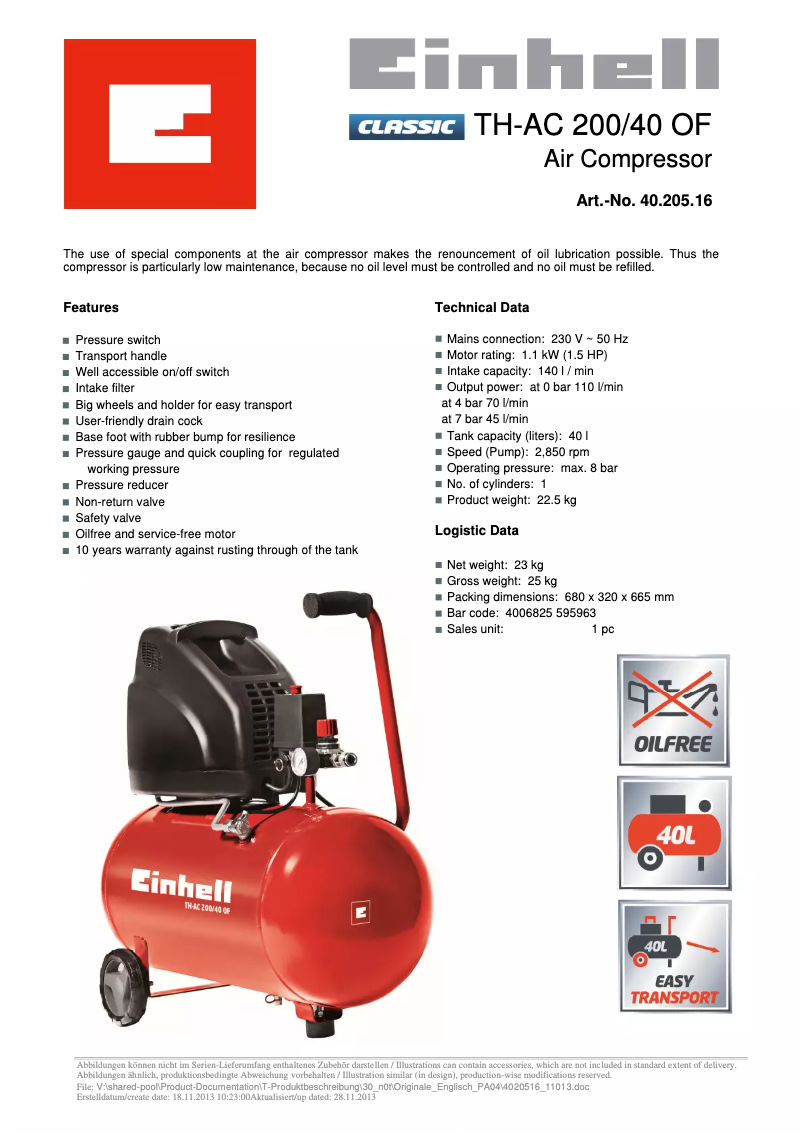 Page n°1 - Fiche technique Einhell TH-AC 200/40 OF