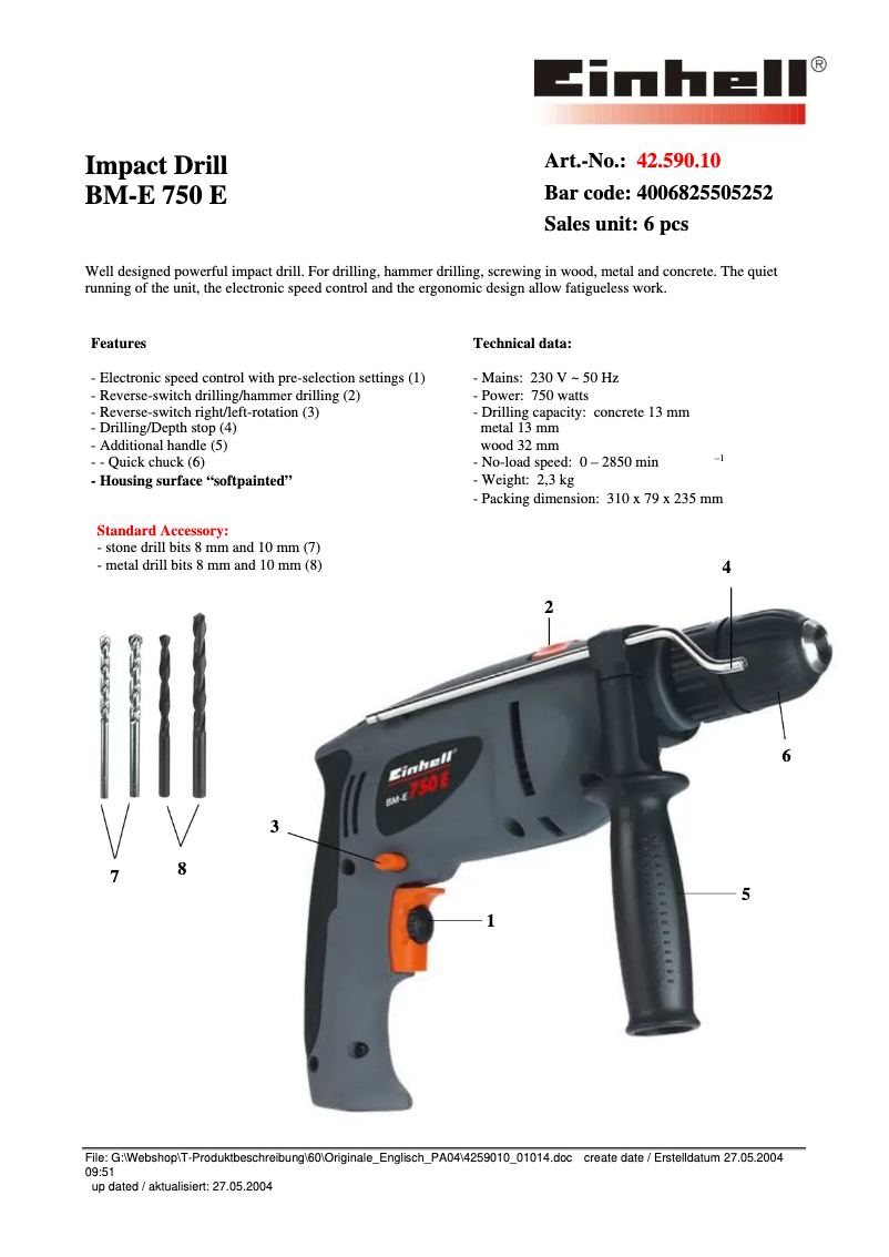 Page 1 de la notice Fiche technique Einhell BM-E 750 E