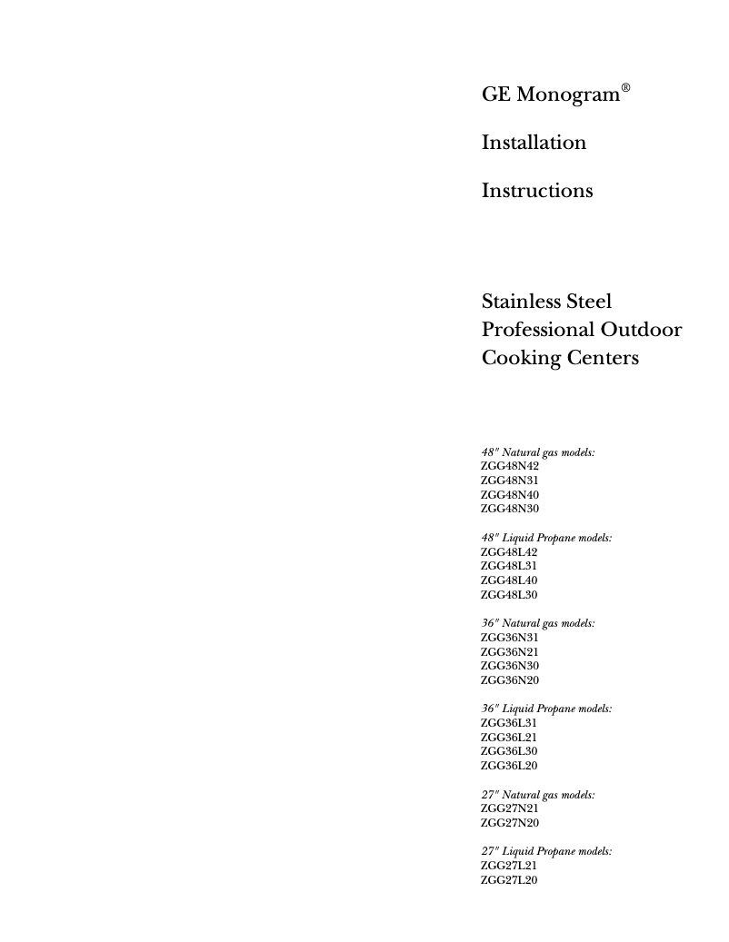 Page 1 de la notice Guide d'installation GE ZGG36L20CSS