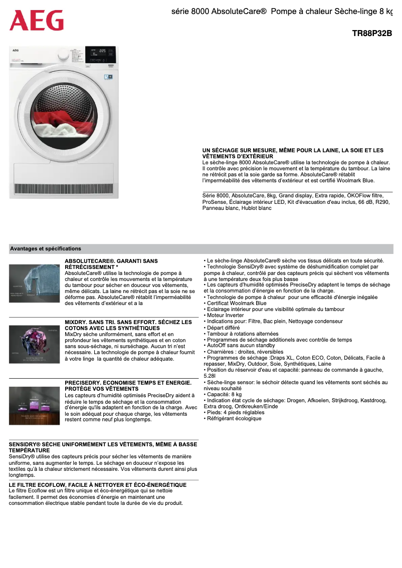 Page n°1 - Fiche technique AEG TR88P32B