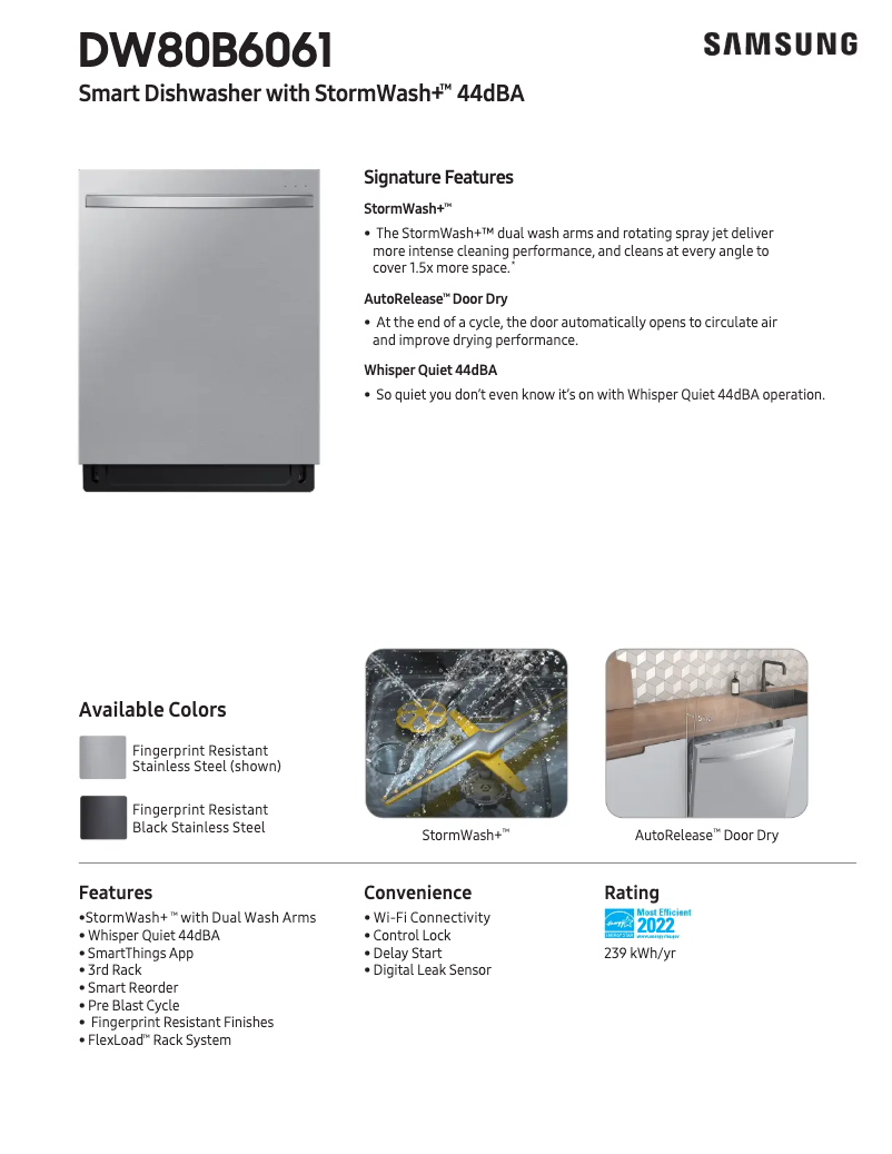 Page 1 de la notice Fiche technique Samsung DW80B6061US