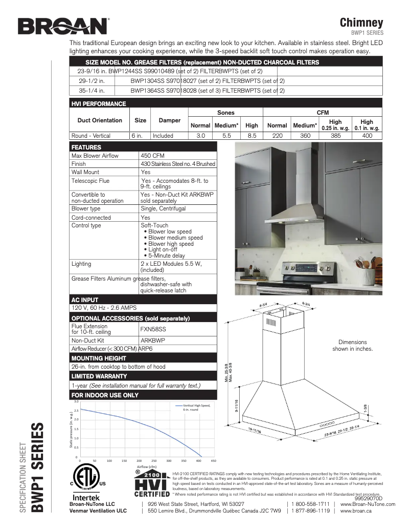 Page n°1 - Fiche technique Broan BWP1364SS
