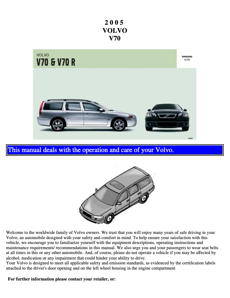 Page 1 de la notice Manuel utilisateur Volvo V70 R (2005)