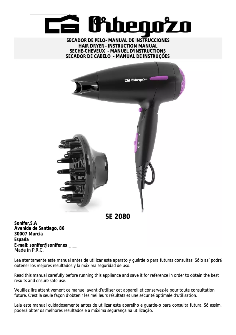Page n°1 - Manuel utilisateur Orbegozo SE 2080