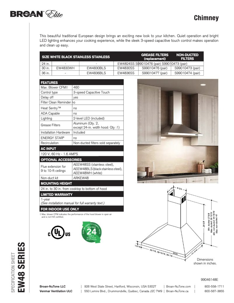 Page 1 de la notice Fiche technique Broan Elite EW4824SS