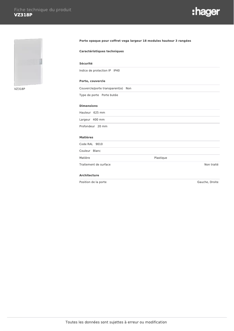 Page n°1 - Fiche technique Hager VZ318P