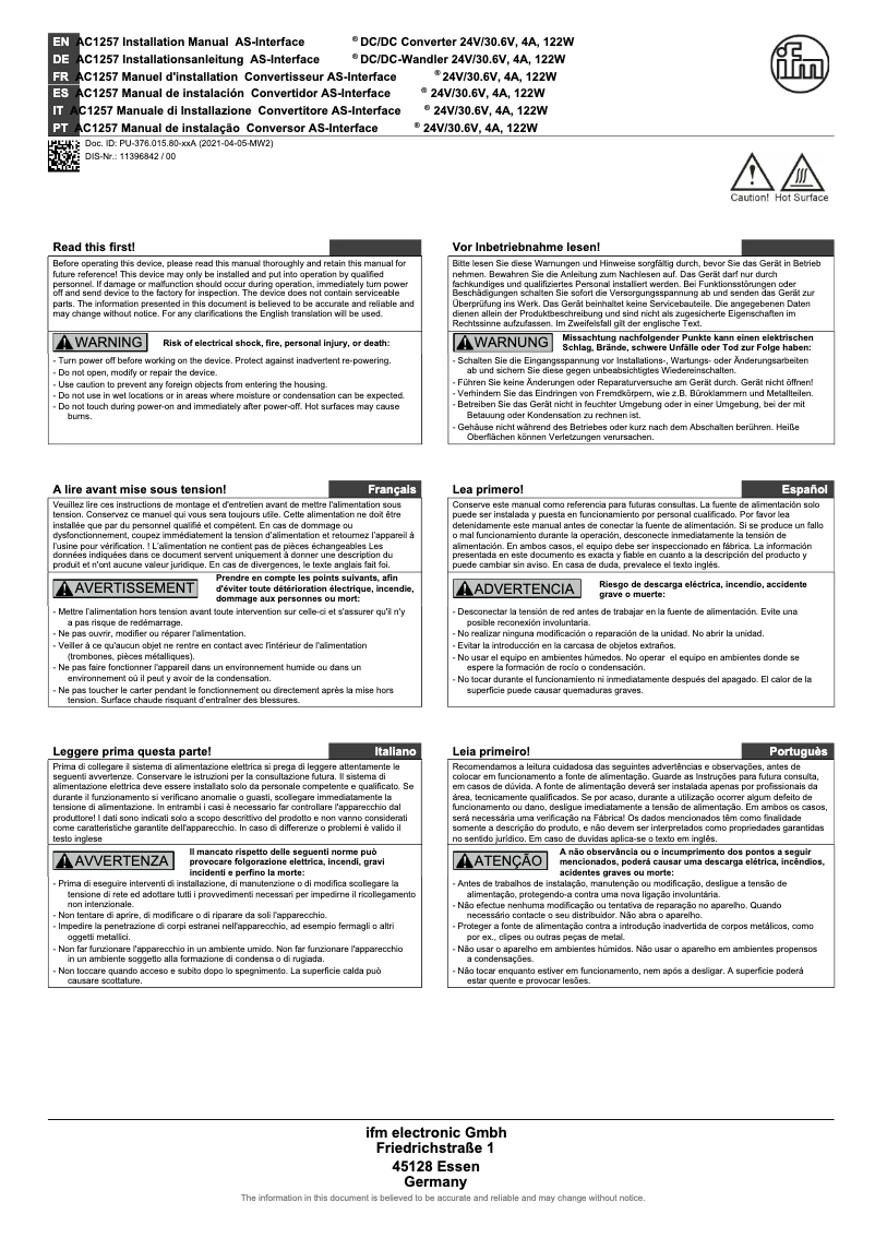 Page 1 de la notice Manuel utilisateur IFM AC1257