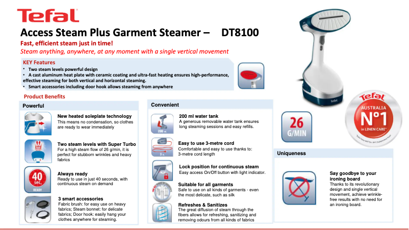 Page 1 de la notice Fiche technique Tefal Access Steam Plus DT8100