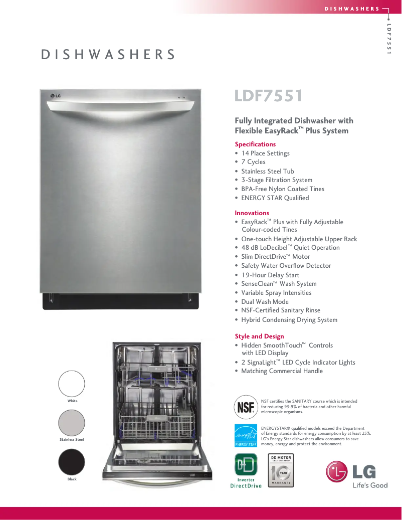 Page 1 de la notice Fiche technique LG LDF7551BB