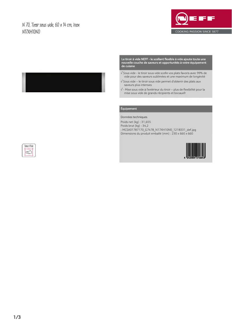 Page 1 de la notice Fiche technique Neff N17XH10N0