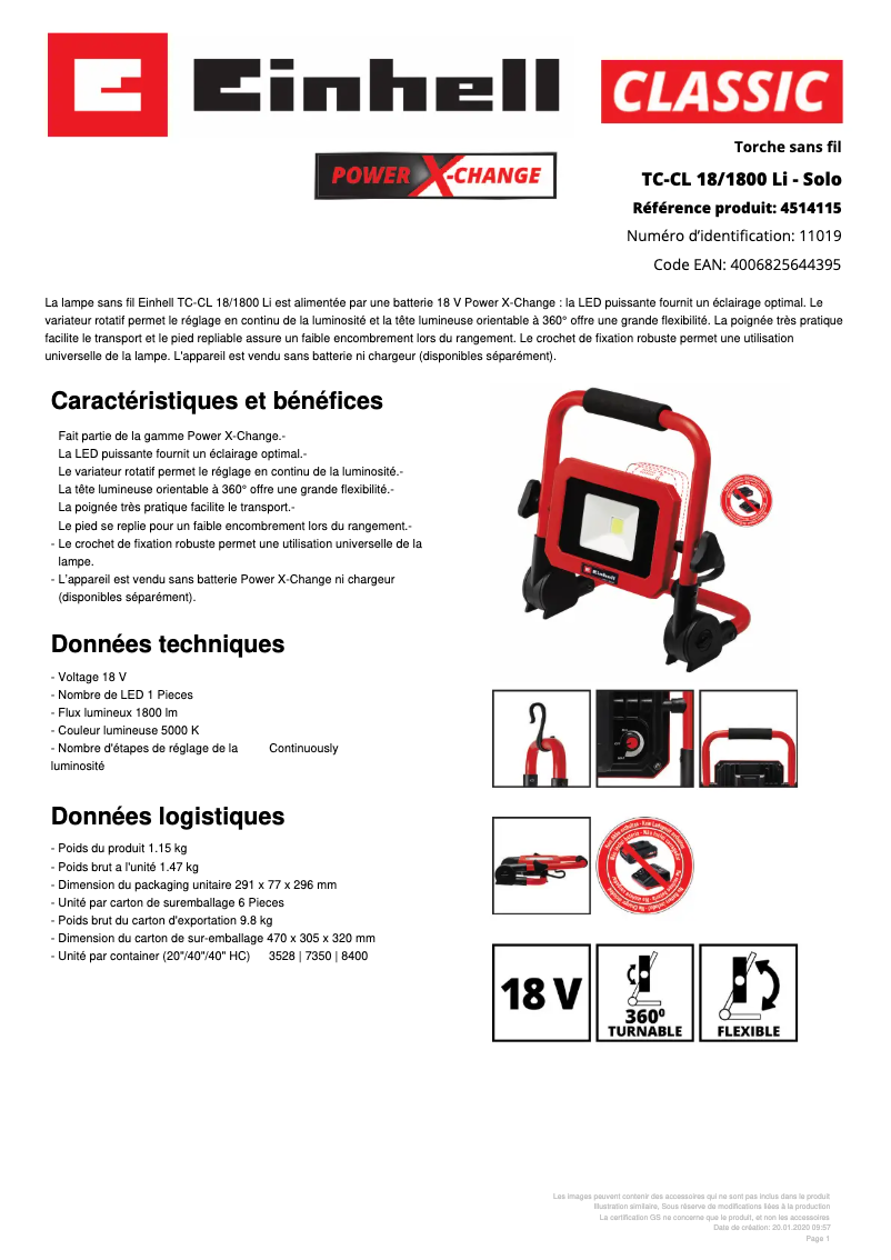 Page 1 de la notice Fiche technique Einhell TC-CL 18/1800 Li