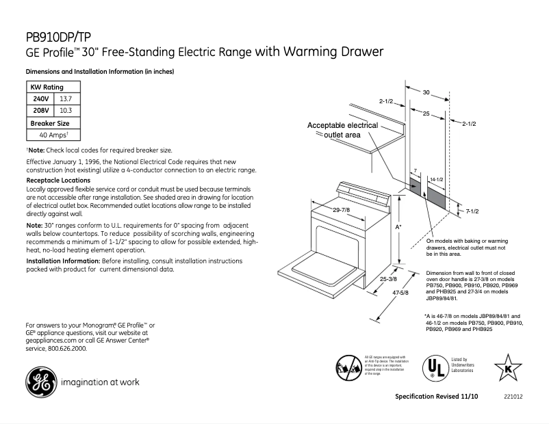 Página 1 del manual Ficha técnica GE Profile PB910DPBB
