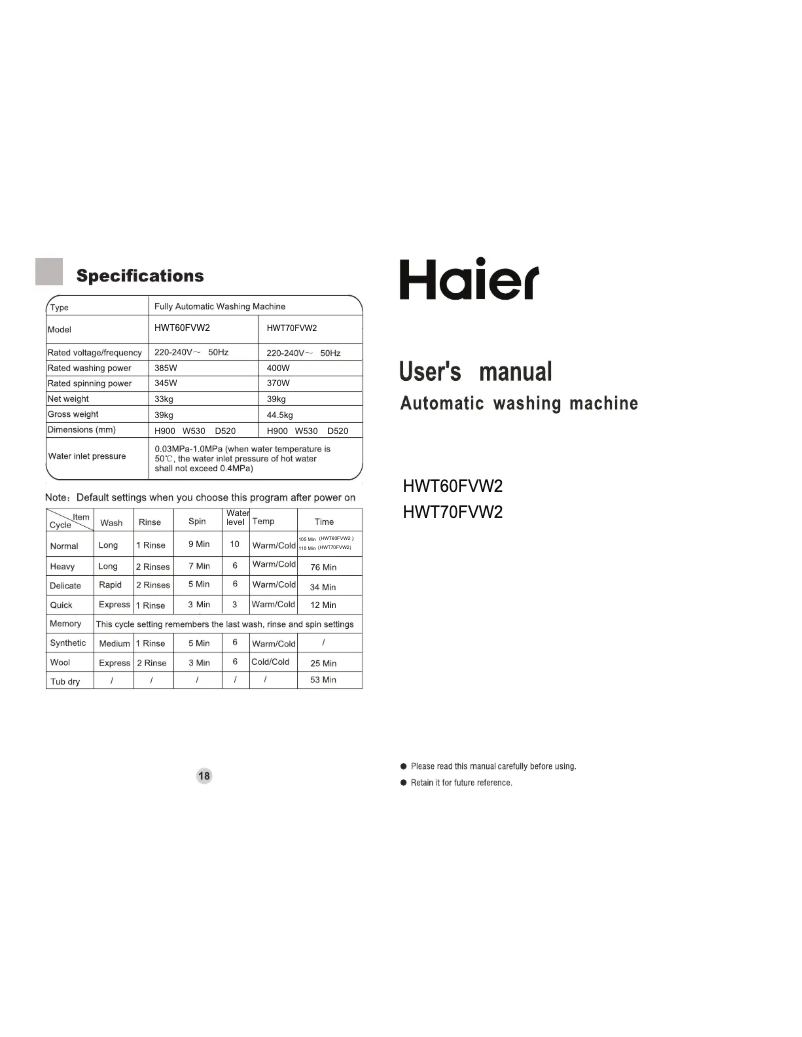 Page n°1 - Label énergétique Haier HWT60FVW2