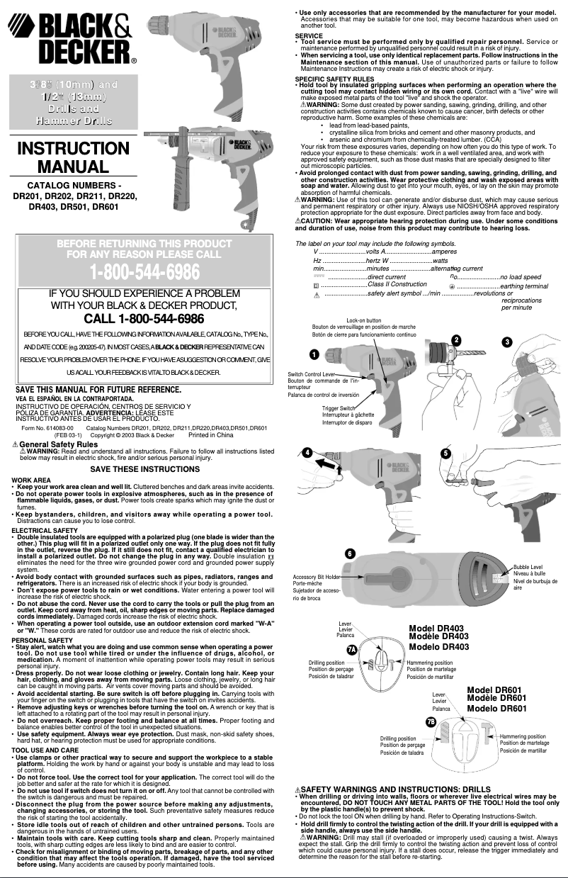 Page 1 de la notice Manuel utilisateur Black & Decker DR211