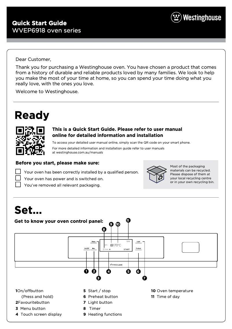 Page 1 de la notice Guide de démarrage rapide Westinghouse WVEP6918DD
