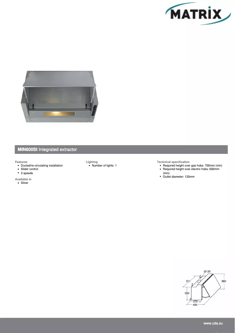 Page 1 de la notice Fiche technique Matrix MIN600SI