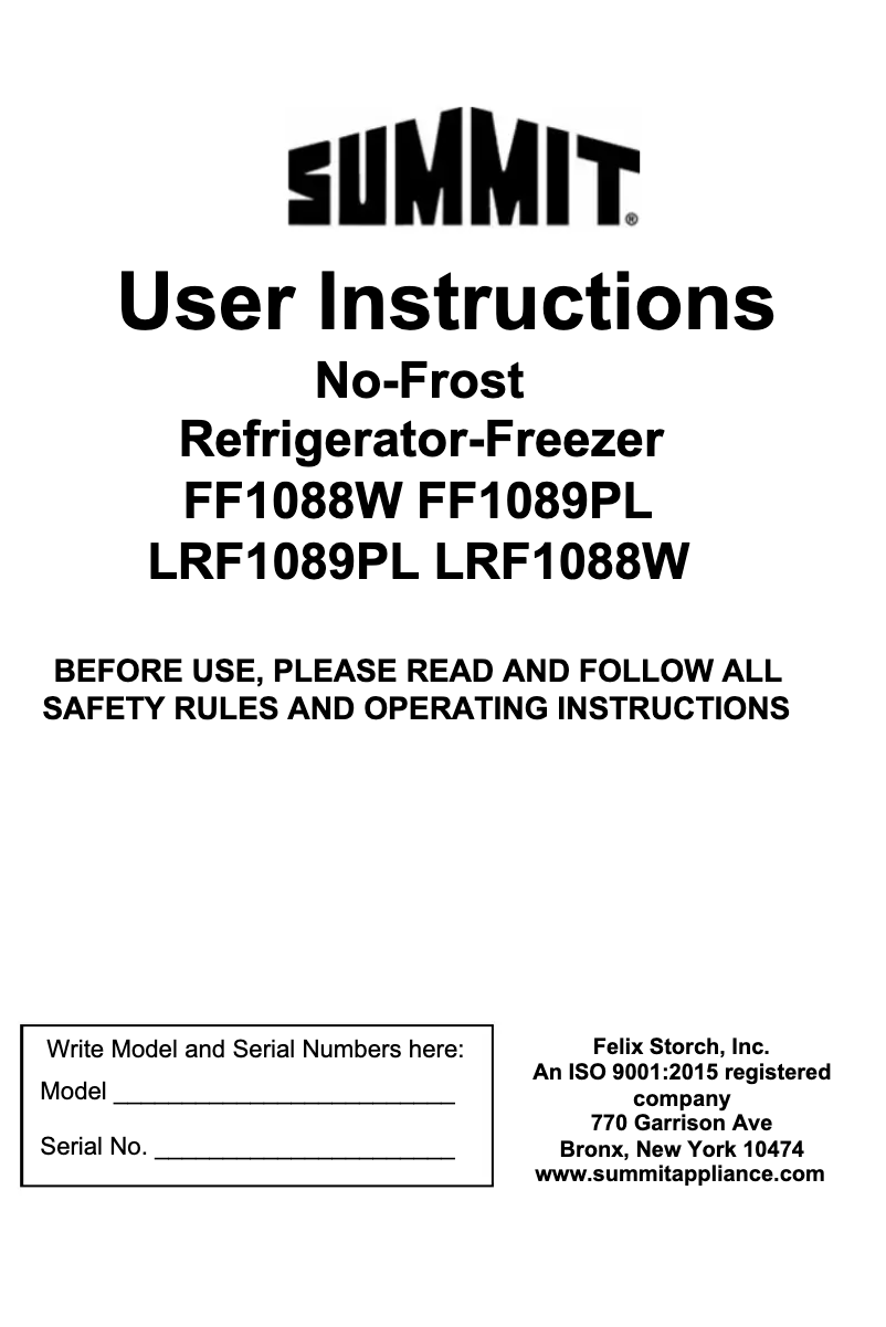 Page 1 de la notice Manuel utilisateur Summit FF1088W