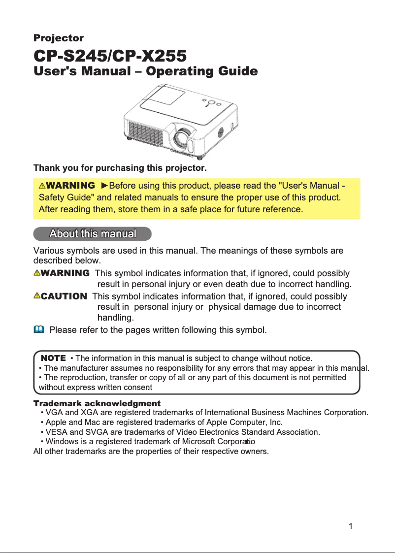 Page 1 de la notice Manuel utilisateur Hitachi CP-X255WF