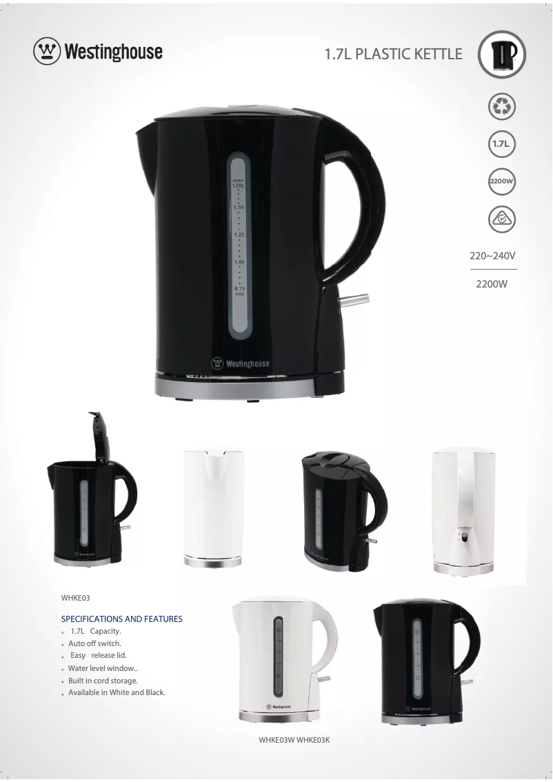Page 1 de la notice Fiche technique Westinghouse WHKE03W
