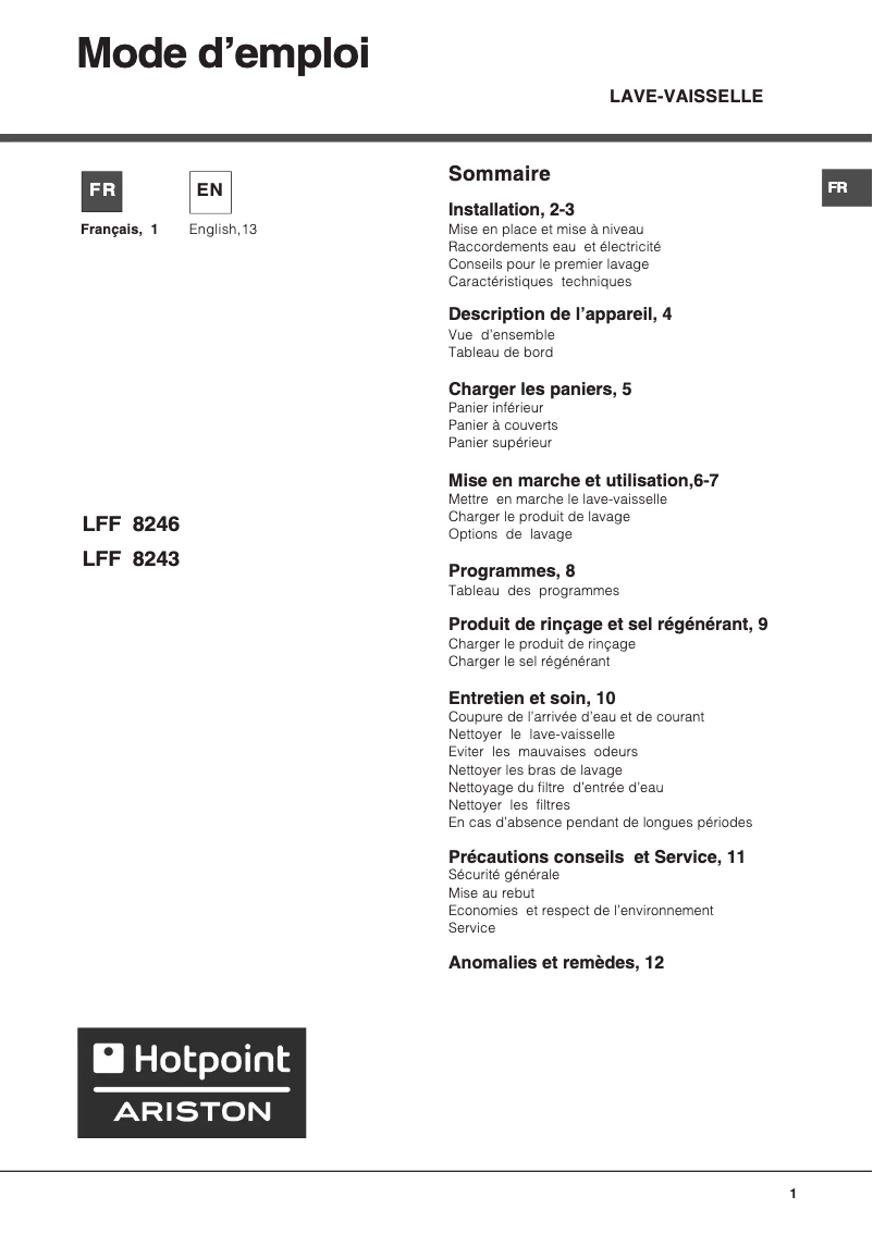 Page 1 de la notice Manuel utilisateur Hotpoint Ariston LFF 8246 x FR HA