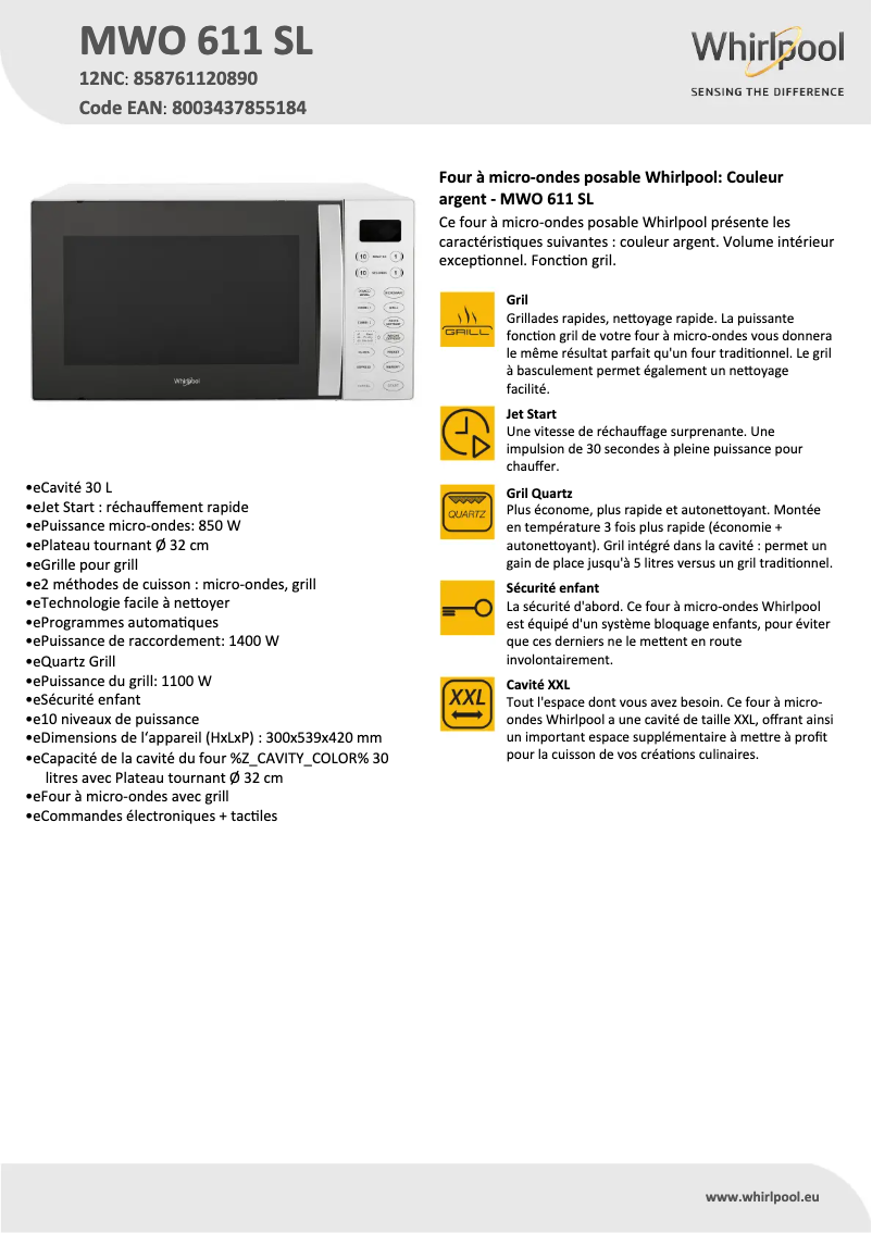 Page 1 de la notice Fiche technique Whirlpool MWO 611 SL