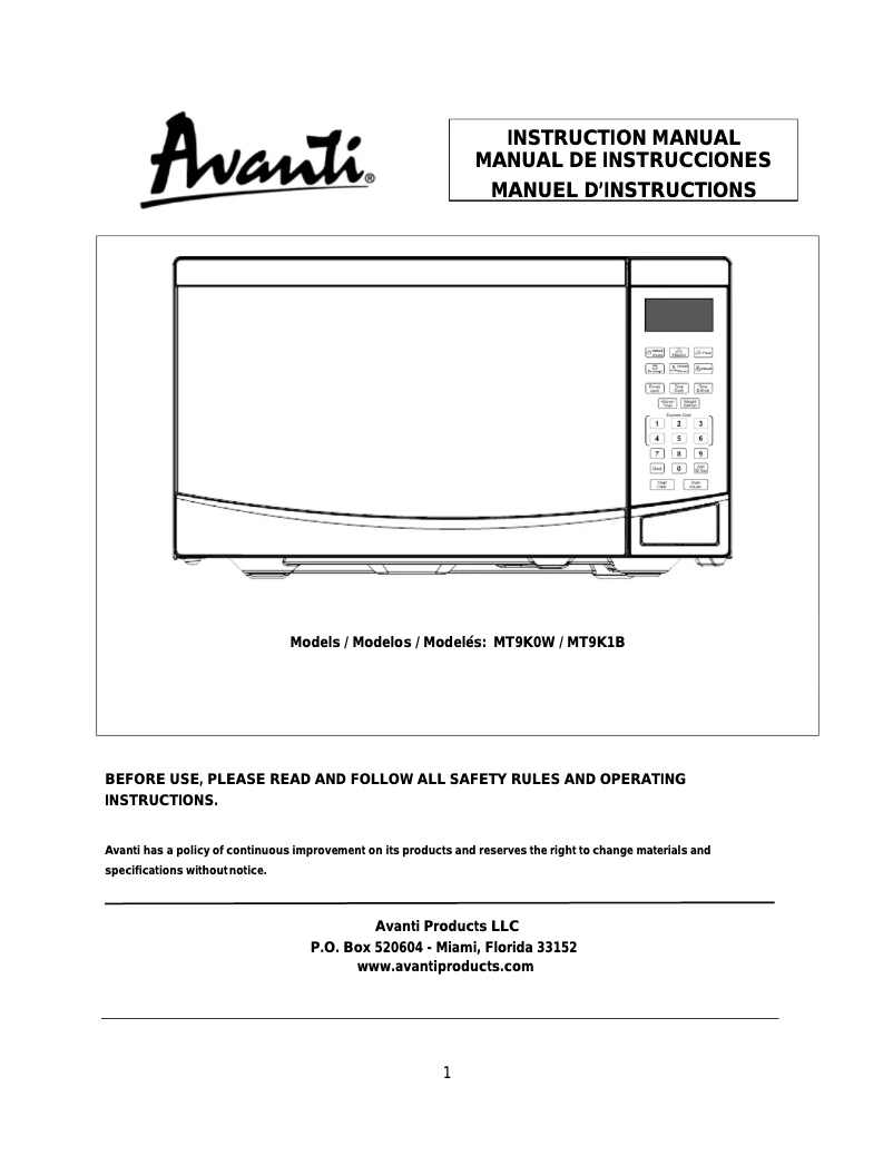 Page 1 of the manual Instruction Manual Avanti MT9K0W
