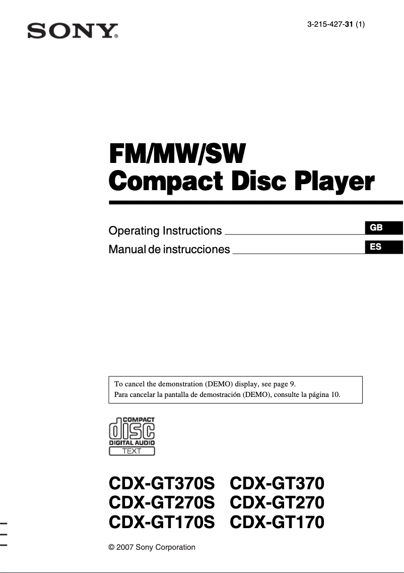 Page 1 de la notice Manuel utilisateur Sony CDX-GT270