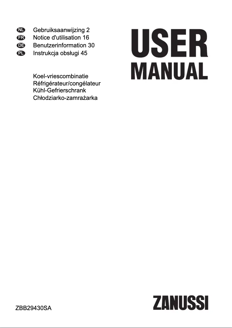 Page n°1 - Manuel utilisateur Zanussi ZBB29430SA