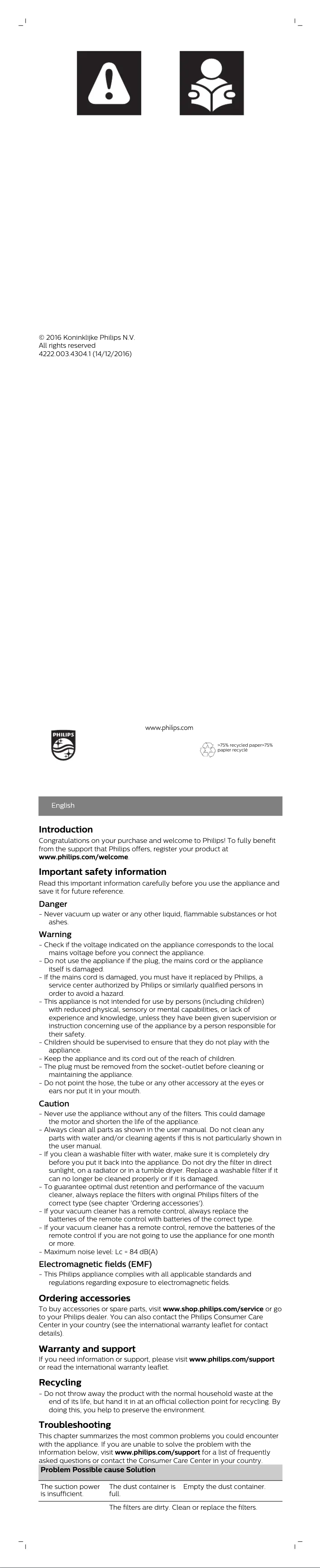 Página 1 del manual Manual de instrucciones Philips PowerCyclone 5 FC9516