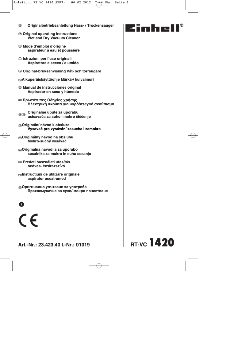 Page 1 de la notice Mode d'emploi Einhell RT-VC 1420