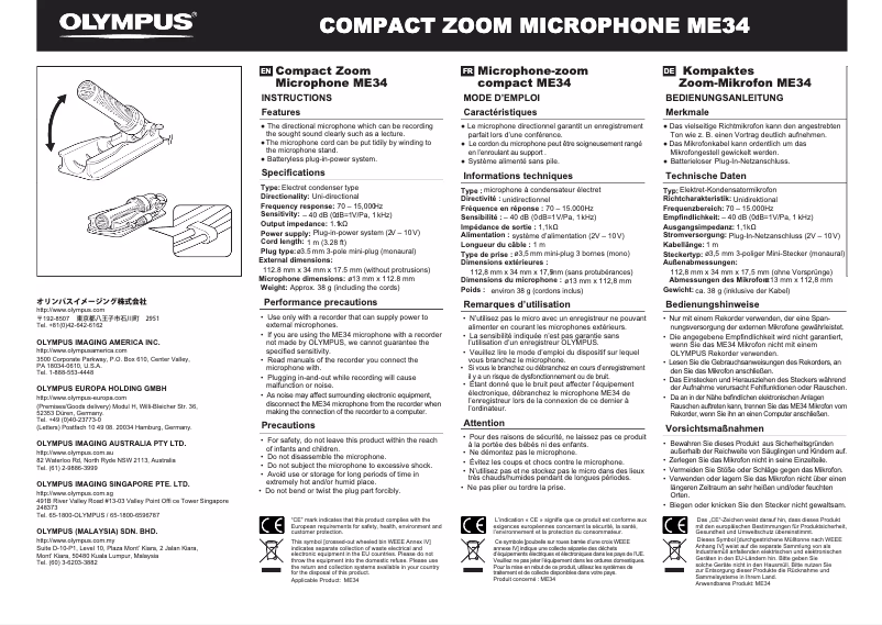 Page n°1 - Manuel utilisateur Olympus ME-34