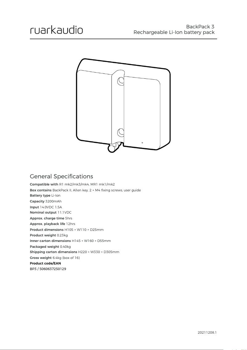 Page 1 de la notice Fiche technique Ruark Audio BackPack 3