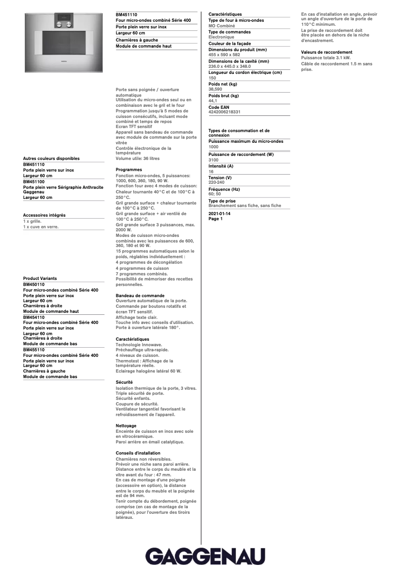 Página 1 del manual Ficha técnica Gaggenau BM451110