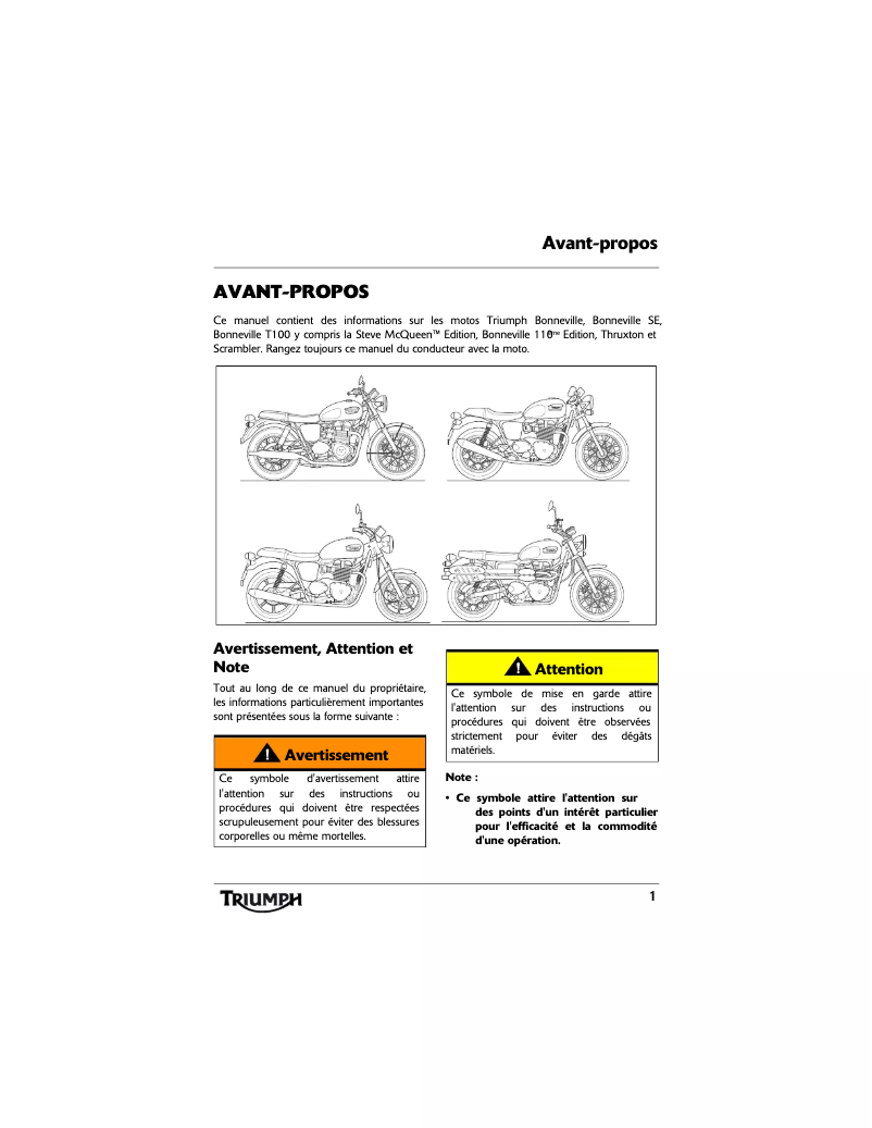 Page 1 de la notice Manuel utilisateur Triumph Bonneville T100 110th Anniversary Limited Edition (2012)