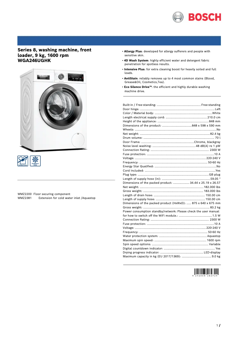Page n°1 - Fiche technique Bosch WGA246UGHK