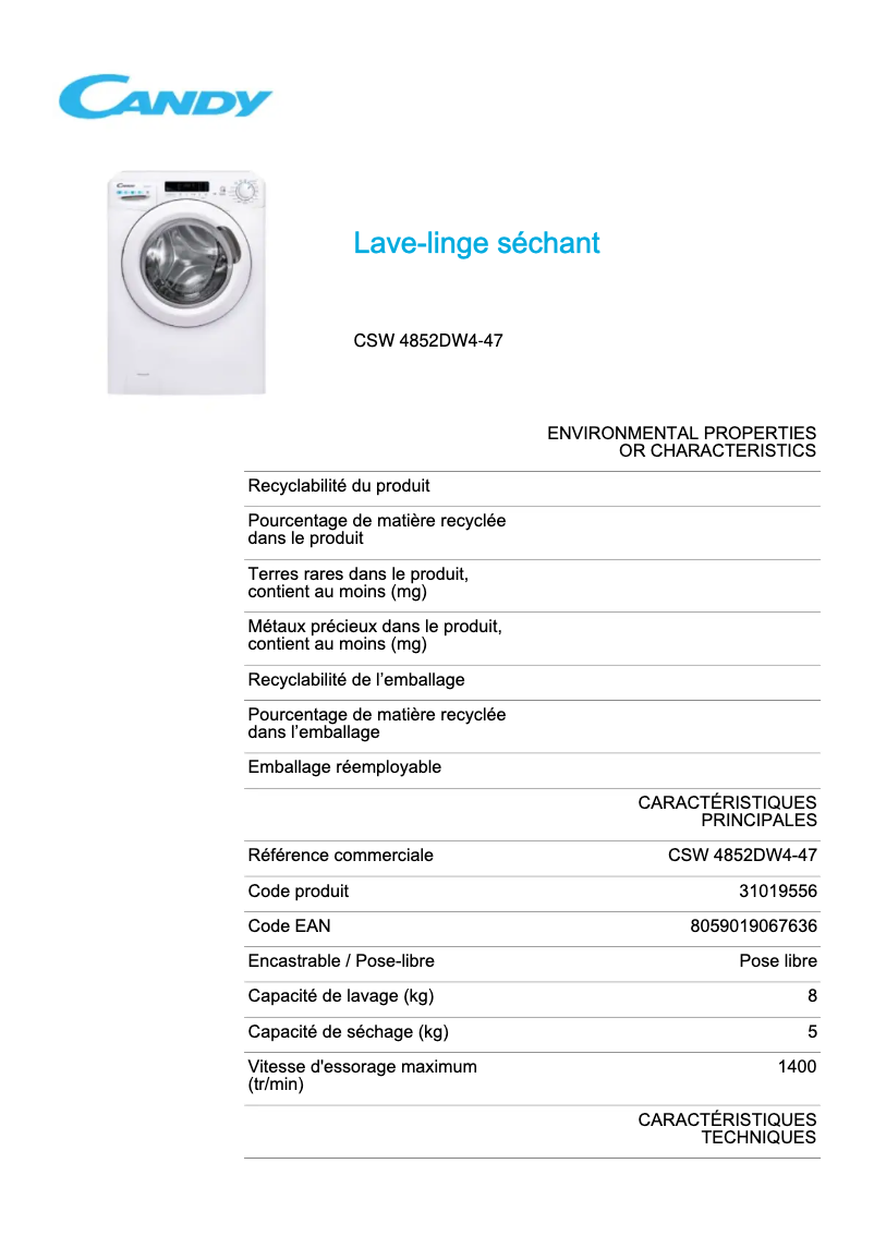 Page n°1 - Fiche technique Candy CSW 4852DW4-47