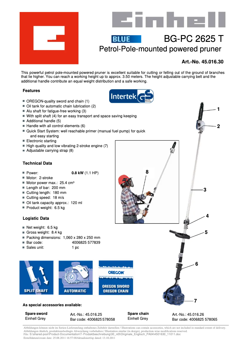 Page 1 de la notice Fiche technique Einhell BG-PC 2625 T