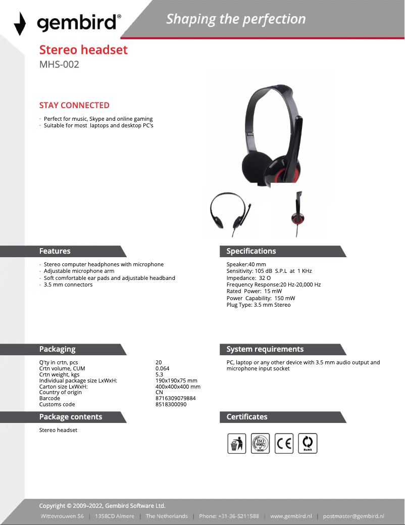 Page 1 de la notice Manuel utilisateur Gembird MHS-002