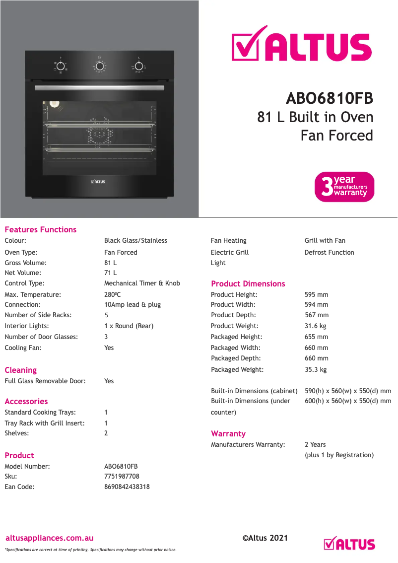 Page 1 de la notice Fiche technique Altus ABO6810FB