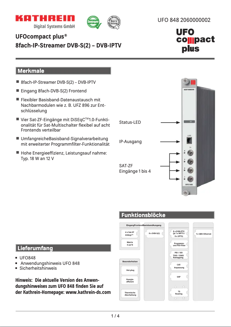 Page 1 de la notice Fiche technique Kathrein UFO 848