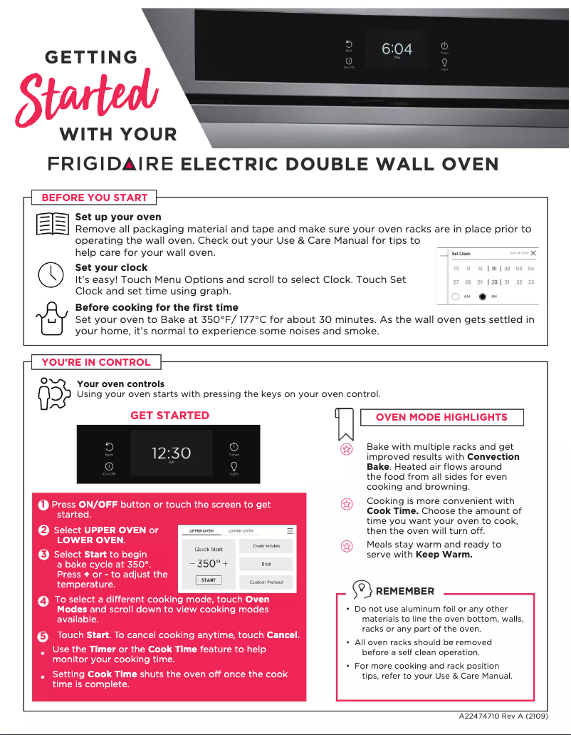 Page n°1 - Guide de démarrage rapide Frigidaire FCWD302LAF