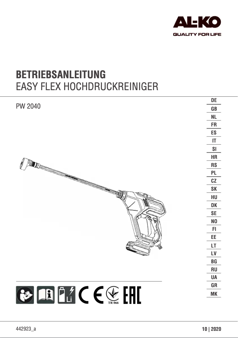 Page 1 de la notice Manuel utilisateur AL-KO PW 2040