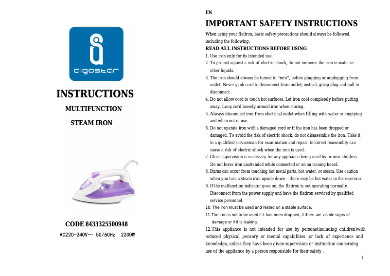 Page 1 de la notice Manuel utilisateur Aigostar 31HFZ