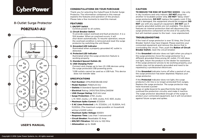 Page n°1 - Manuel utilisateur CyberPower CPSURGE08USB-ANZ