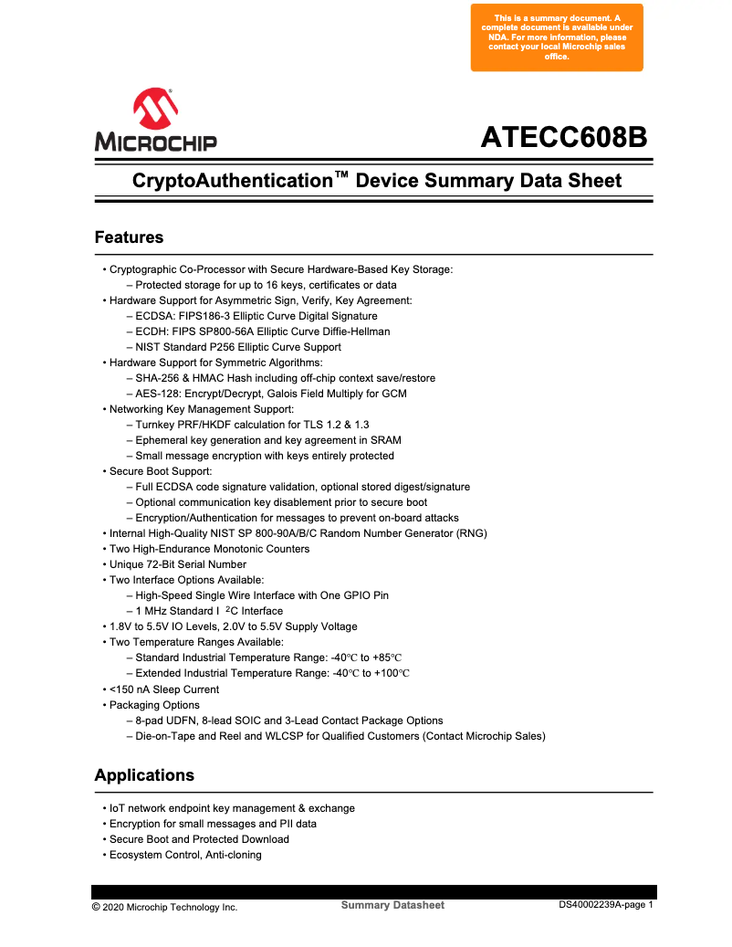 Page 1 de la notice Manuel utilisateur Microchip ATECC608B-TCSM