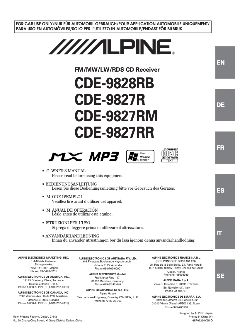 Page 1 de la notice Manuel utilisateur Alpine CDE-9828RB